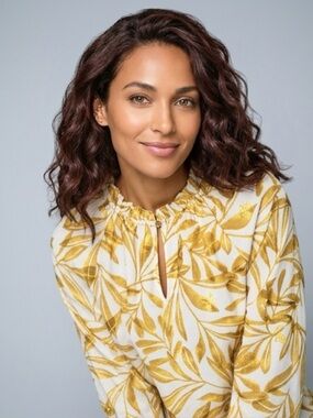 Kaari Blue Cream Blouse with Gold Leaf Print and Ruffle Neck